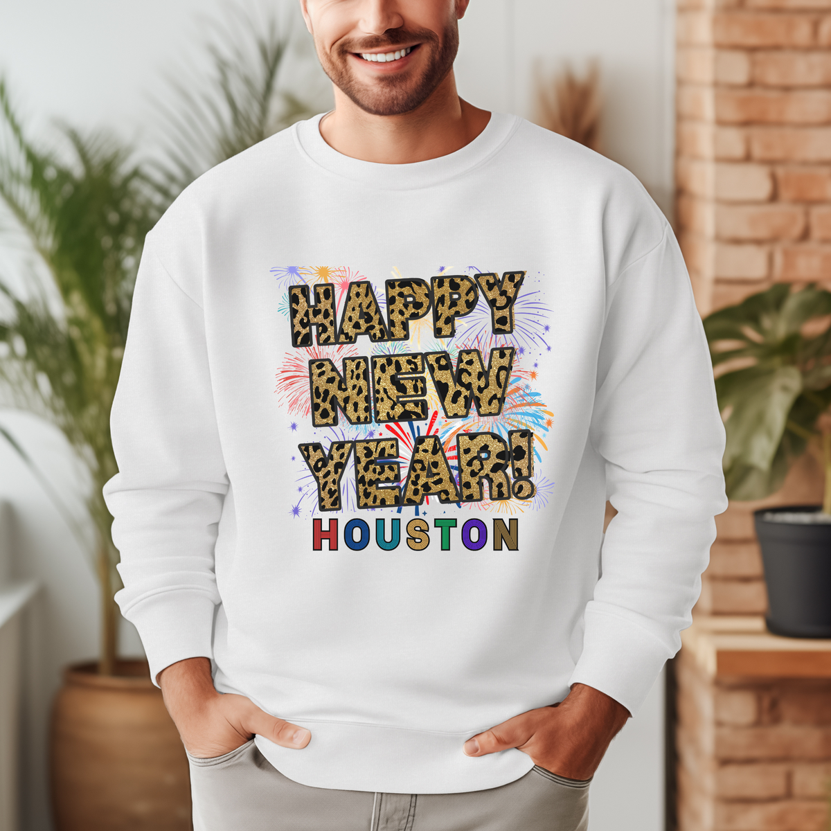 Unisex Happy New Year Houston Sweatshirt – Fireworks, Leopard Print, and Festive Style for Texas Winters