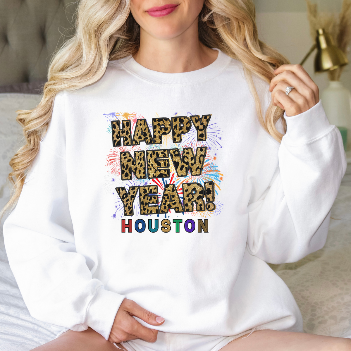 Unisex Happy New Year Houston Sweatshirt – Fireworks, Leopard Print, and Festive Style for Texas Winters