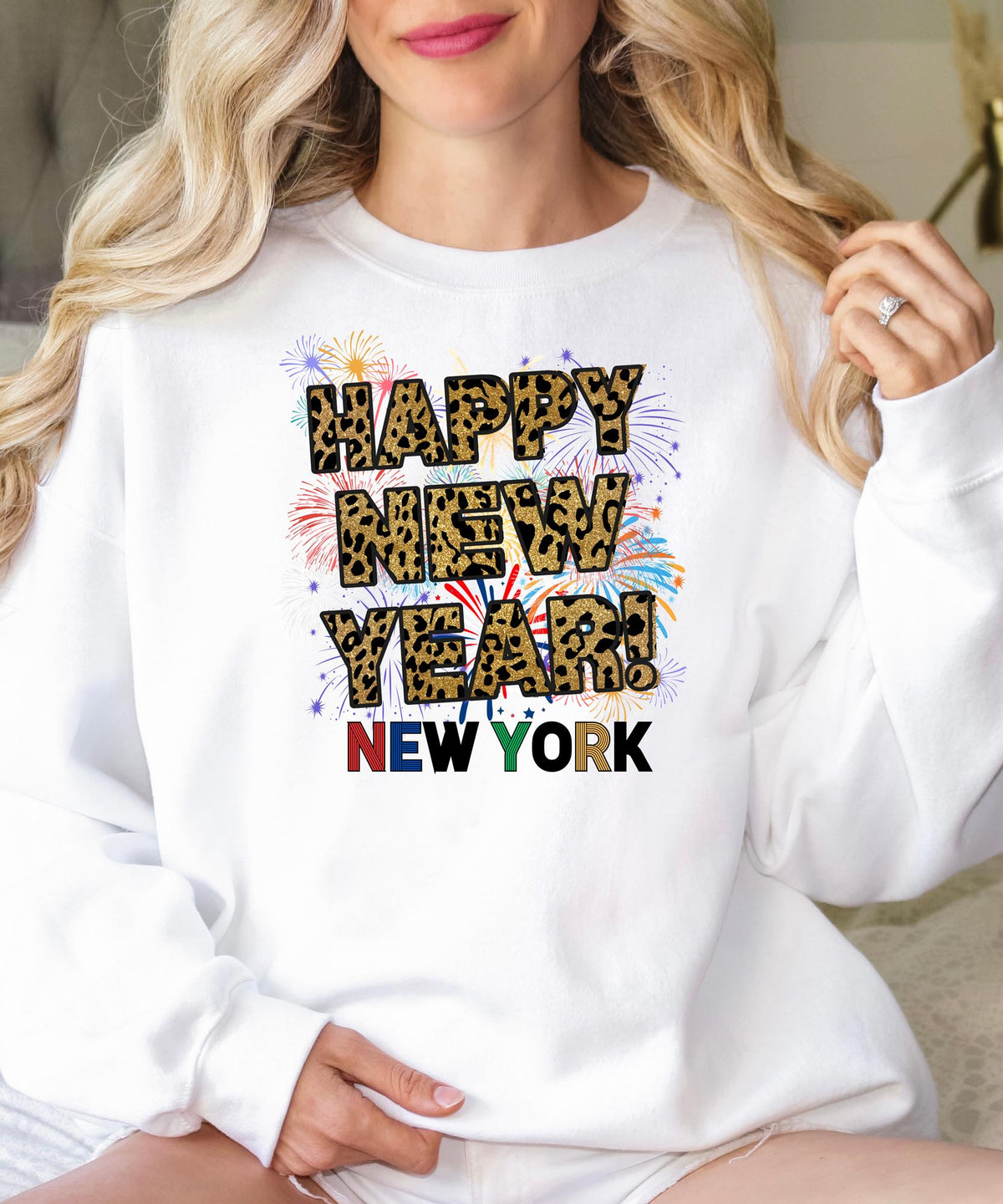 Unisex Happy New Year New York Sweatshirt – Fireworks, Leopard Print, and Festive Big Apple Style