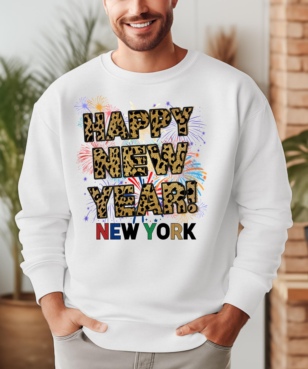 Unisex Happy New Year New York Sweatshirt – Fireworks, Leopard Print, and Festive Big Apple Style