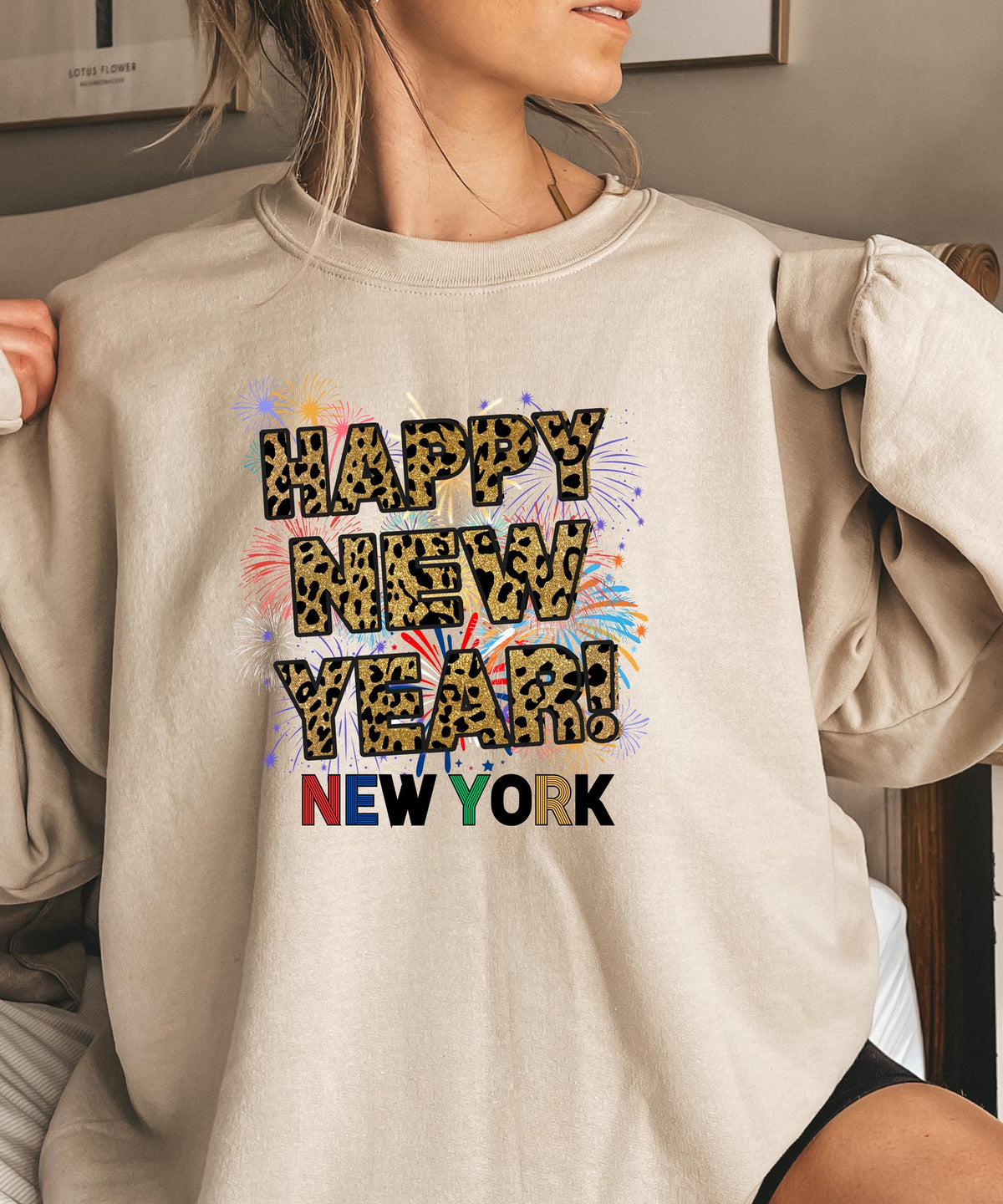 Unisex Happy New Year New York Sweatshirt – Fireworks, Leopard Print, and Festive Big Apple Style