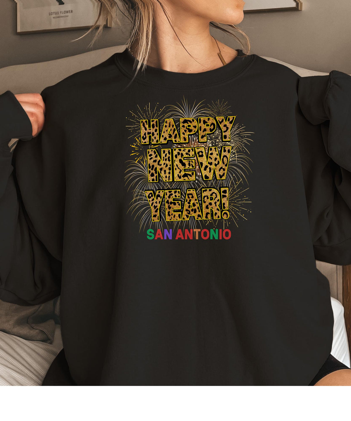 Unisex Happy New Year San Antonio Sweatshirt – Fireworks, Leopard Print, and Festive Texas Style