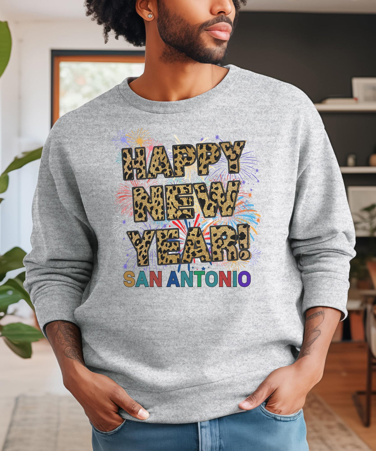 Unisex Happy New Year San Antonio Sweatshirt – Fireworks, Leopard Print, and Festive Texas Style