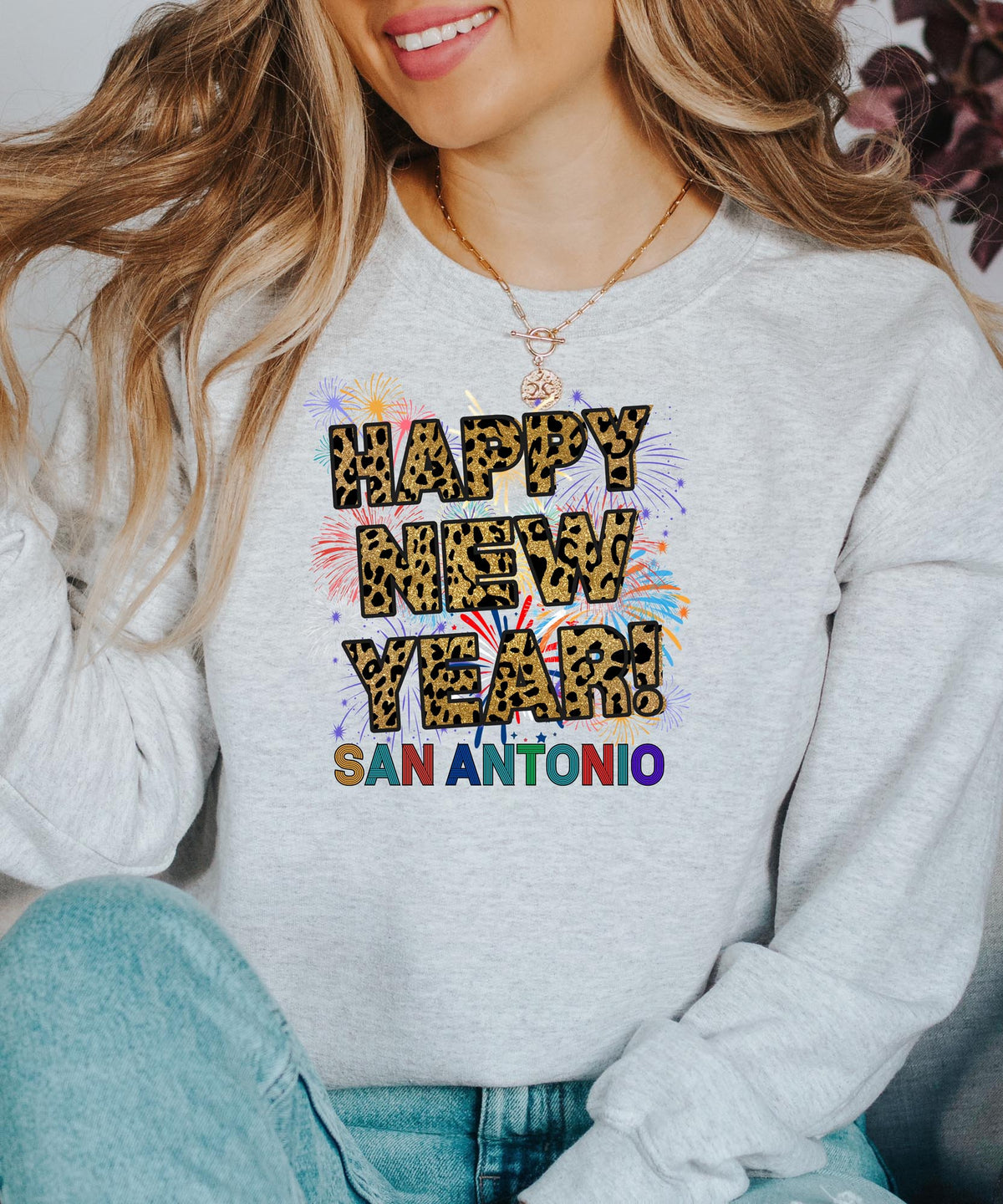 Unisex Happy New Year San Antonio Sweatshirt – Fireworks, Leopard Print, and Festive Texas Style