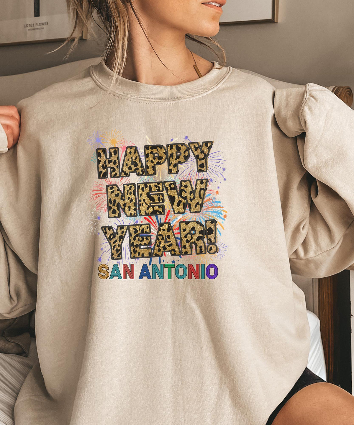 Unisex Happy New Year San Antonio Sweatshirt – Fireworks, Leopard Print, and Festive Texas Style