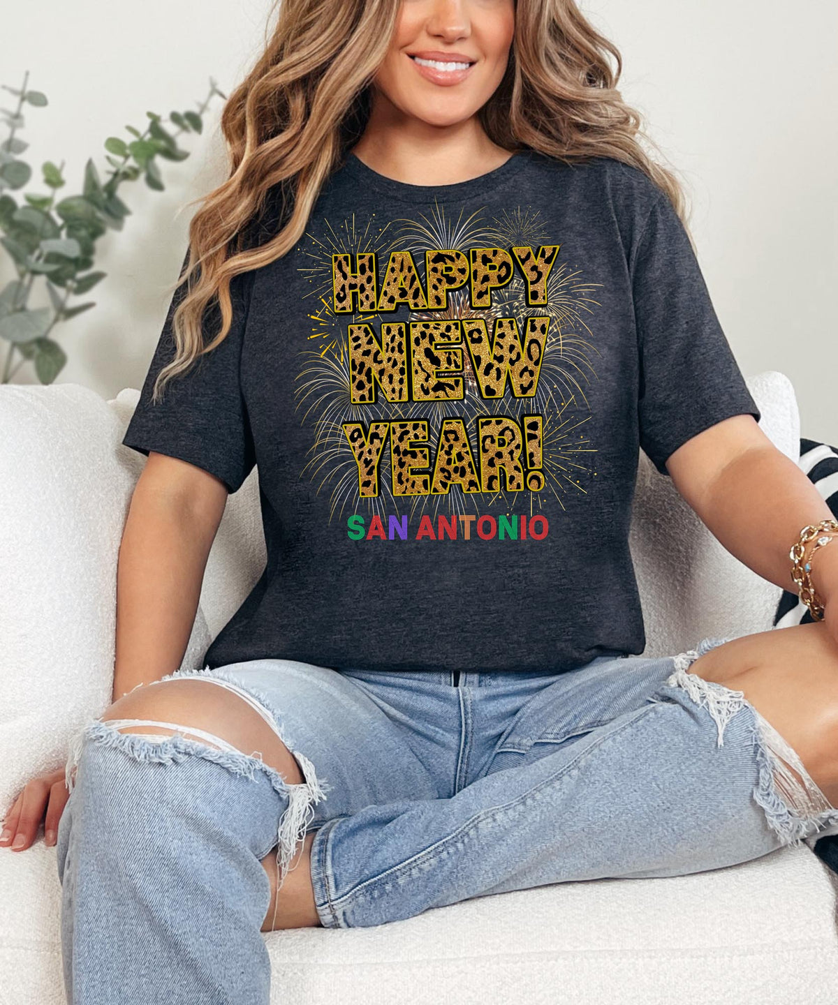 Unisex Happy New Year San Antonio T-Shirt – Fireworks, Leopard Print, and Festive Texas Style