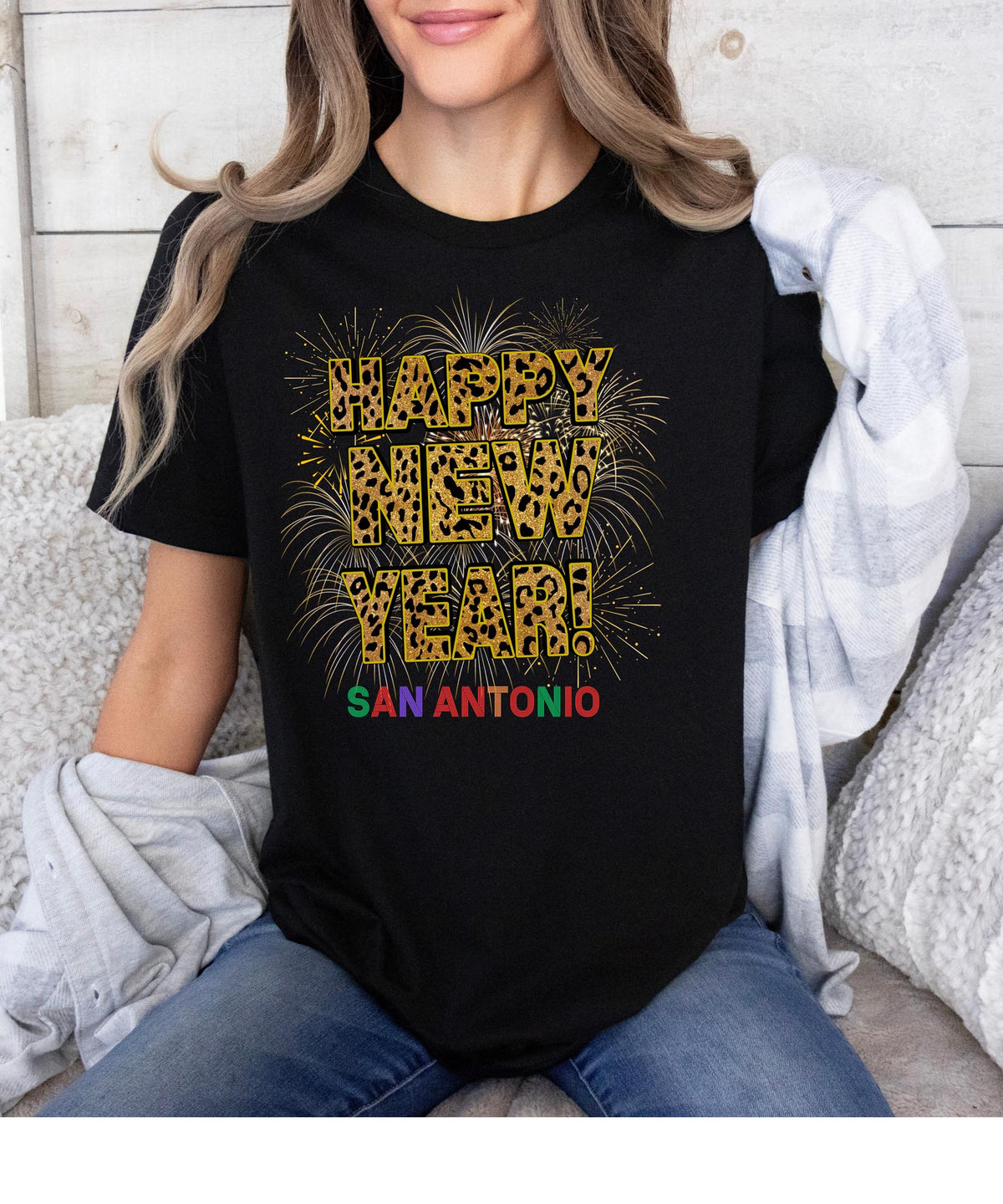 Unisex Happy New Year San Antonio T-Shirt – Fireworks, Leopard Print, and Festive Texas Style