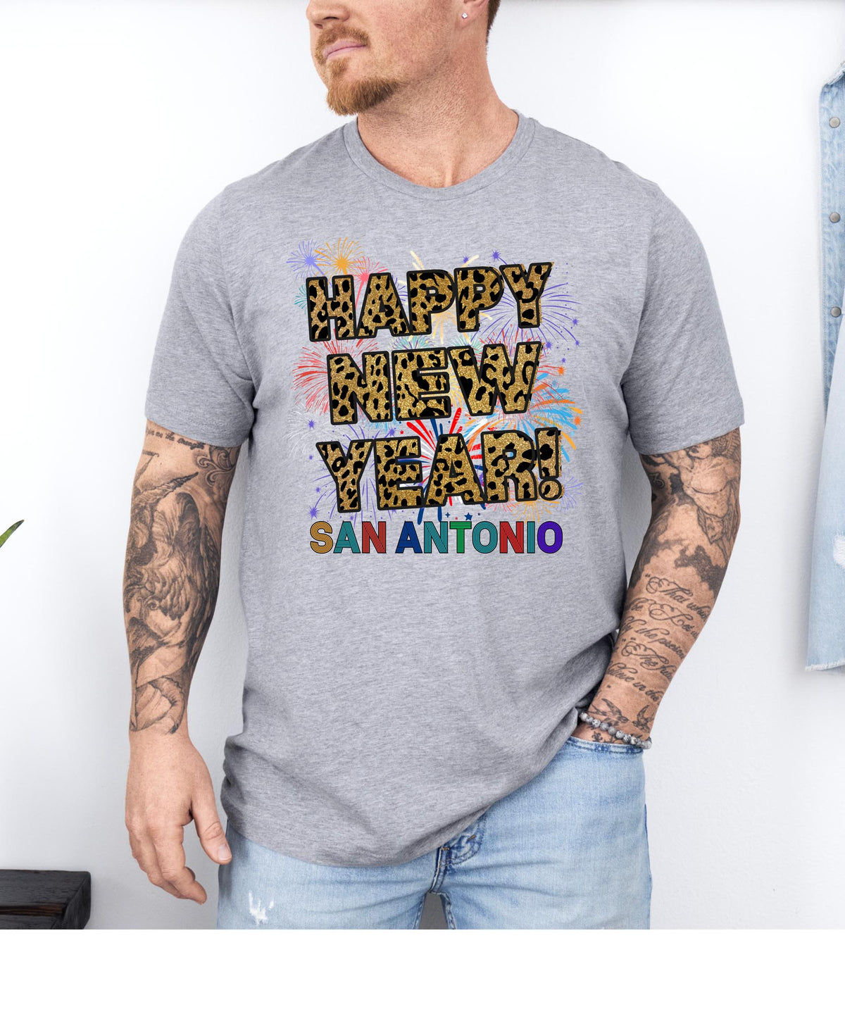 Unisex Happy New Year San Antonio T-Shirt – Fireworks, Leopard Print, and Festive Texas Style