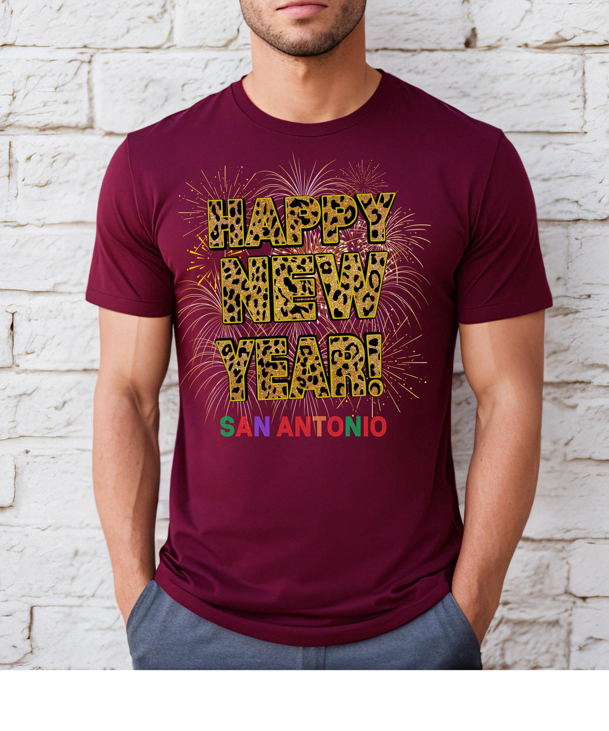 Unisex Happy New Year San Antonio T-Shirt – Fireworks, Leopard Print, and Festive Texas Style