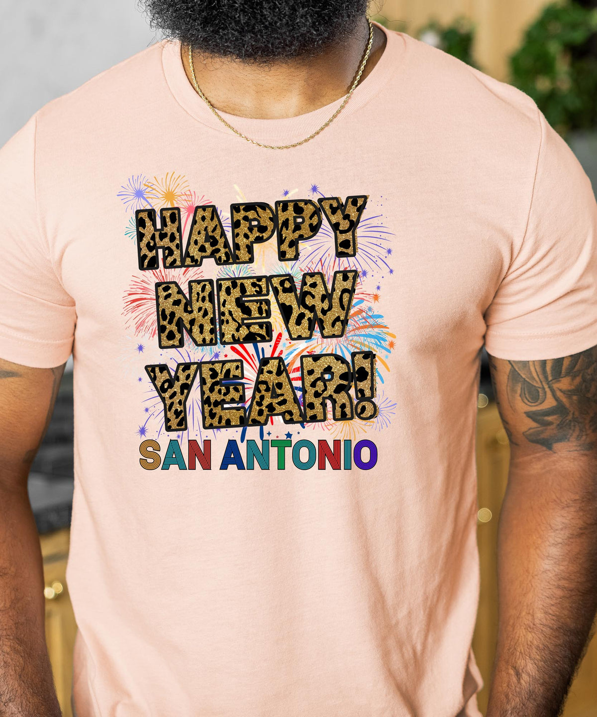 Unisex Happy New Year San Antonio T-Shirt – Fireworks, Leopard Print, and Festive Texas Style