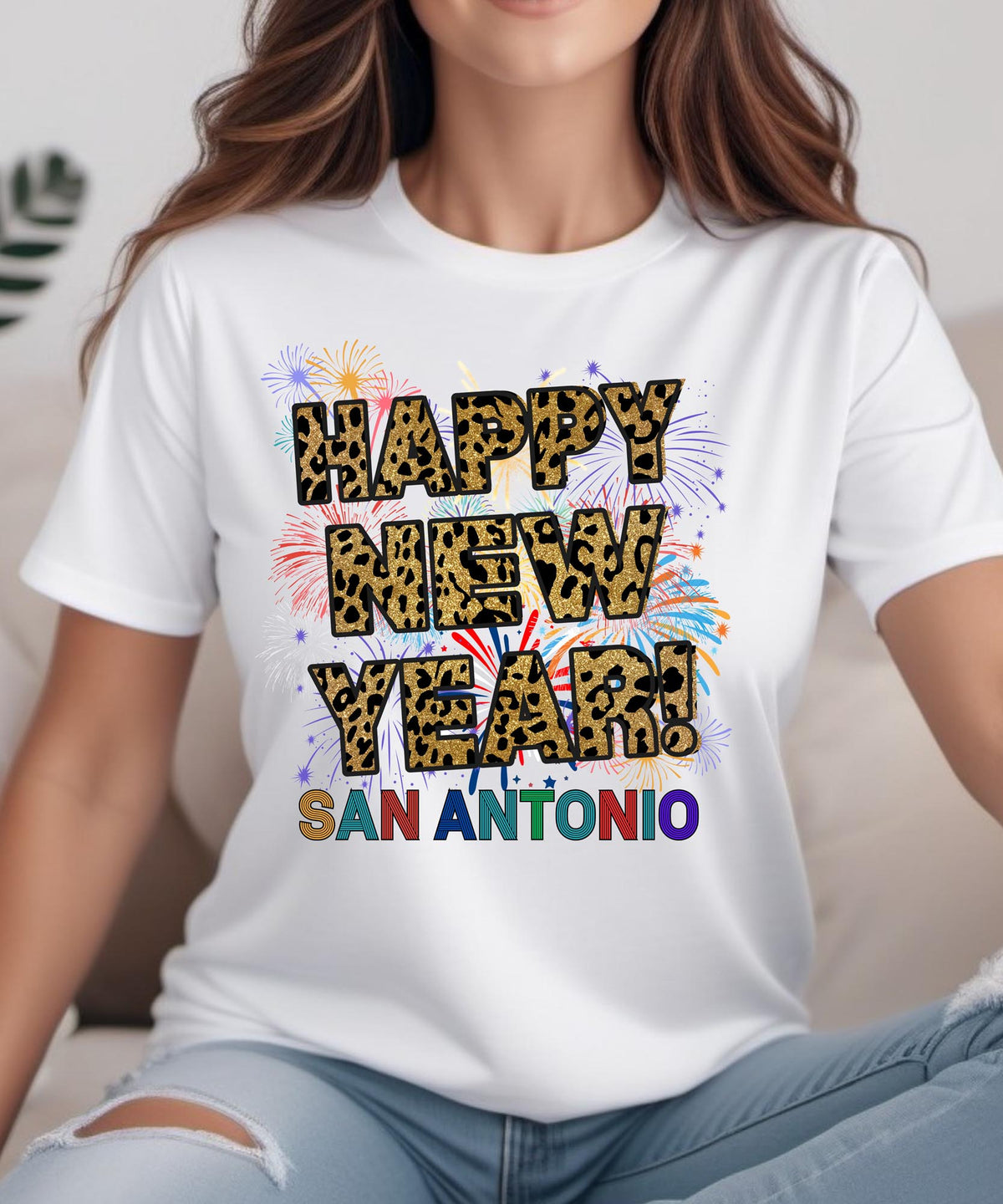 Unisex Happy New Year San Antonio T-Shirt – Fireworks, Leopard Print, and Festive Texas Style