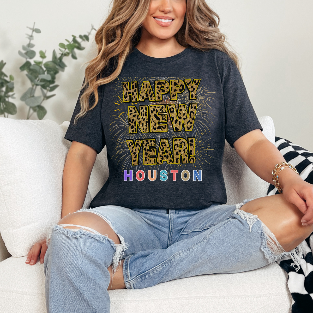 Unisex Happy New Year Houston T-Shirt – Fireworks, Leopard Print, and Festive Texas Style