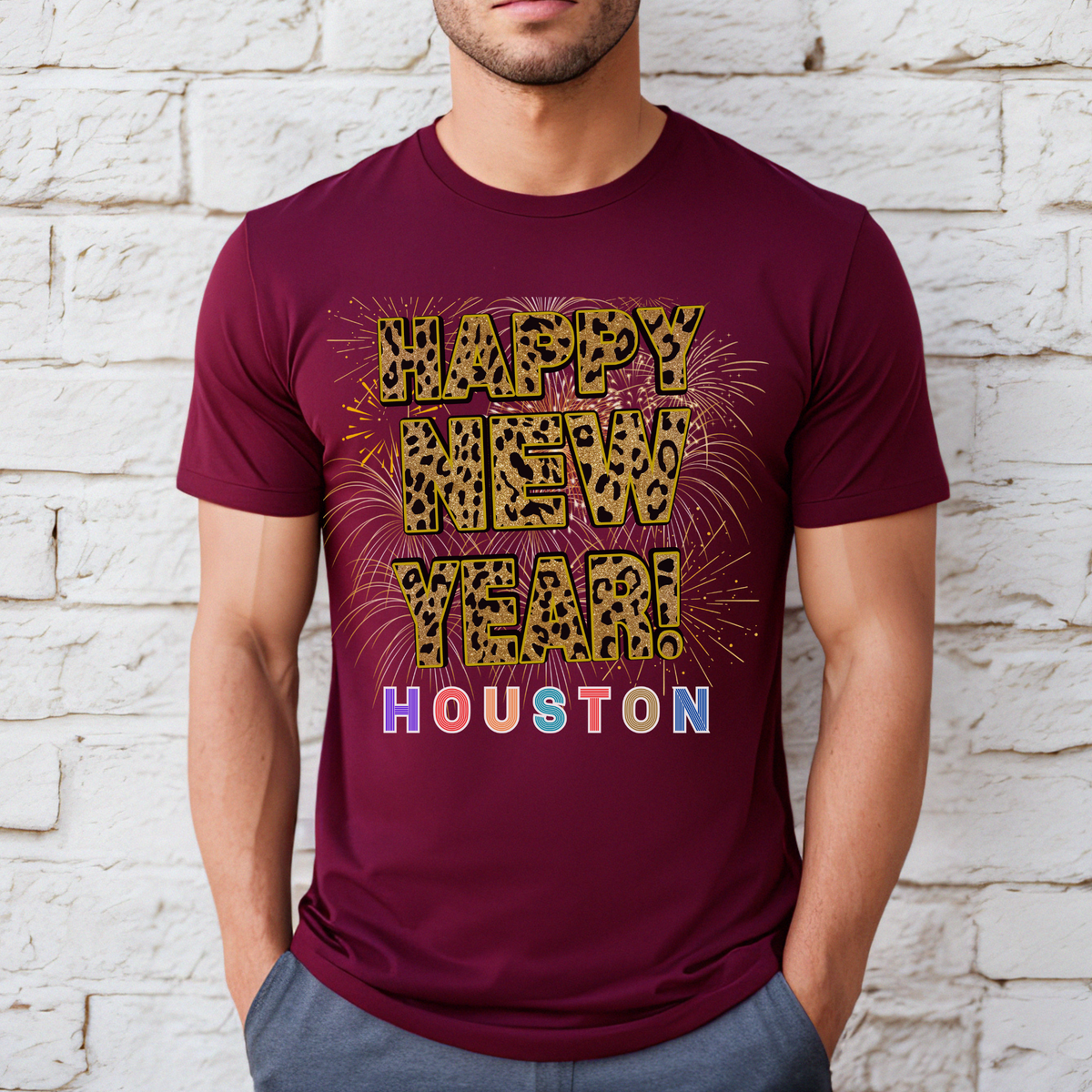 Unisex Happy New Year Houston T-Shirt – Fireworks, Leopard Print, and Festive Texas Style