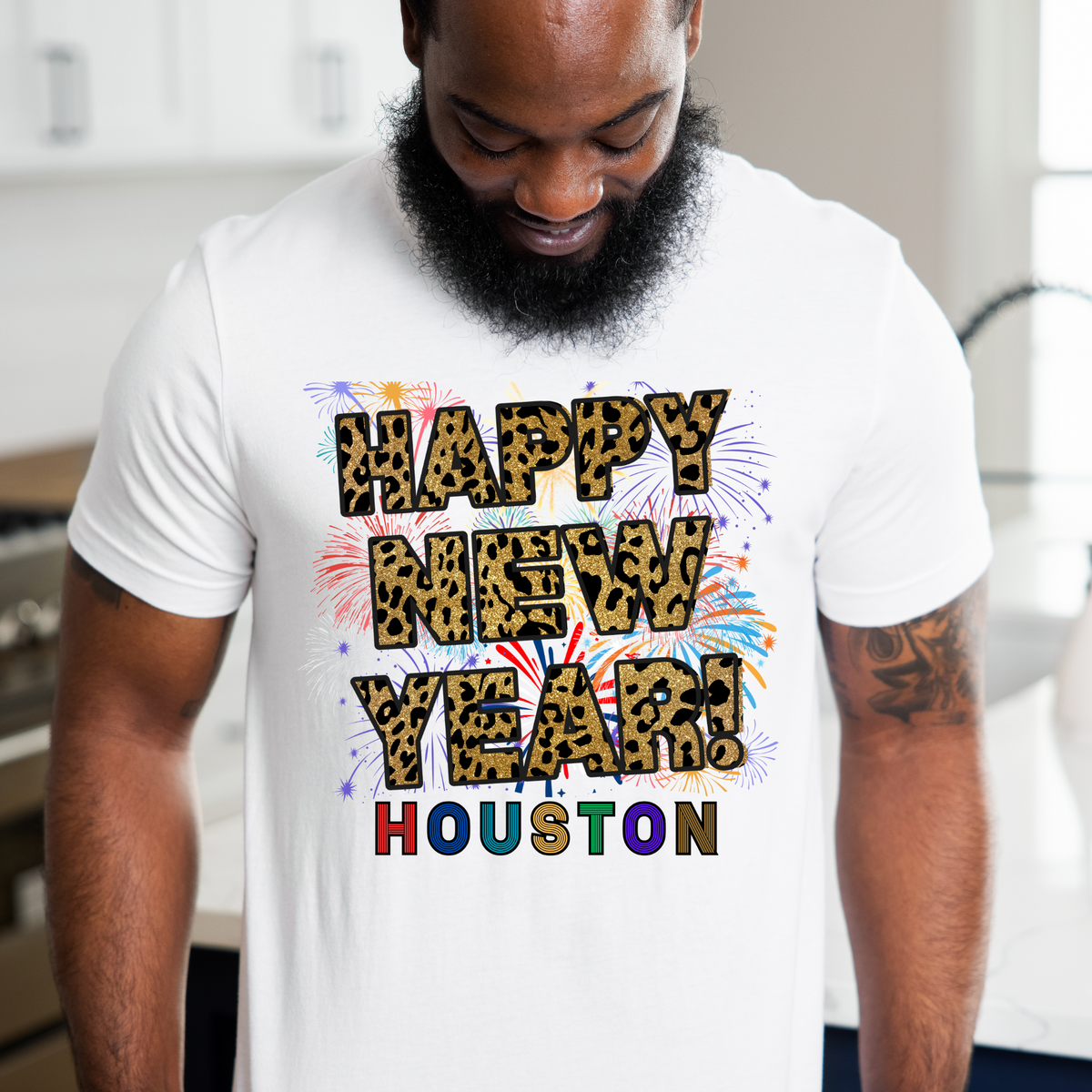 Unisex Happy New Year Houston T-Shirt – Fireworks, Leopard Print, and Festive Texas Style