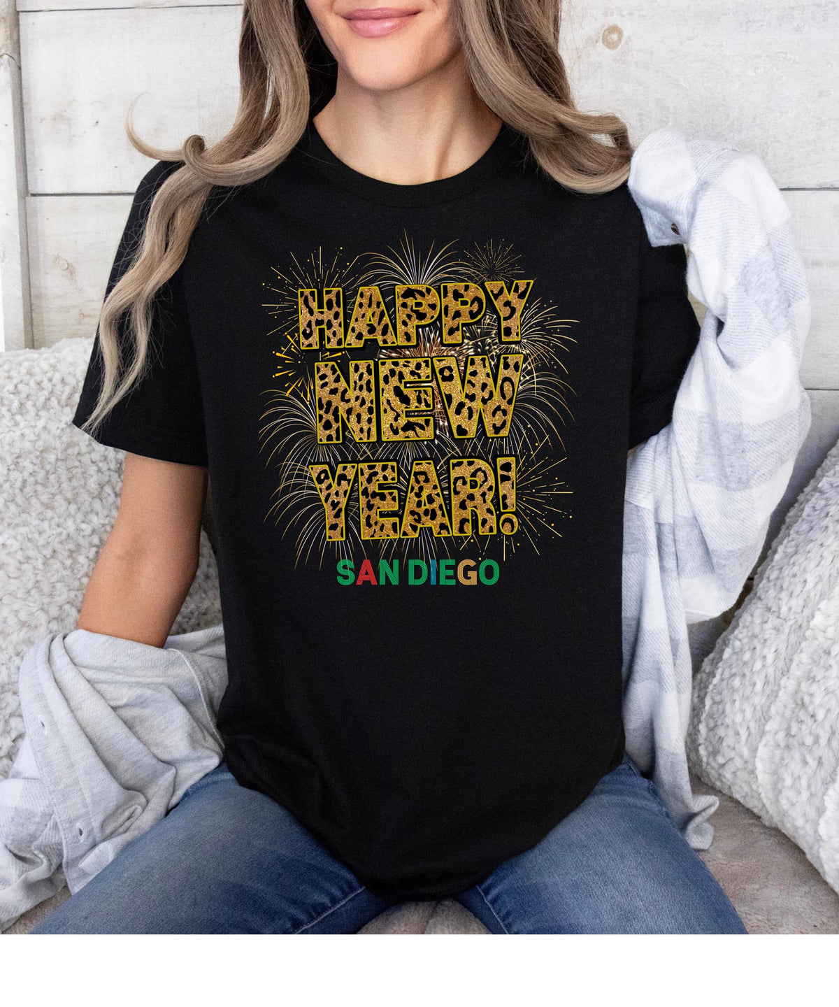 Unisex Happy New Year San Diego T-Shirt – Fireworks, Leopard Print, and Festive Coastal Style