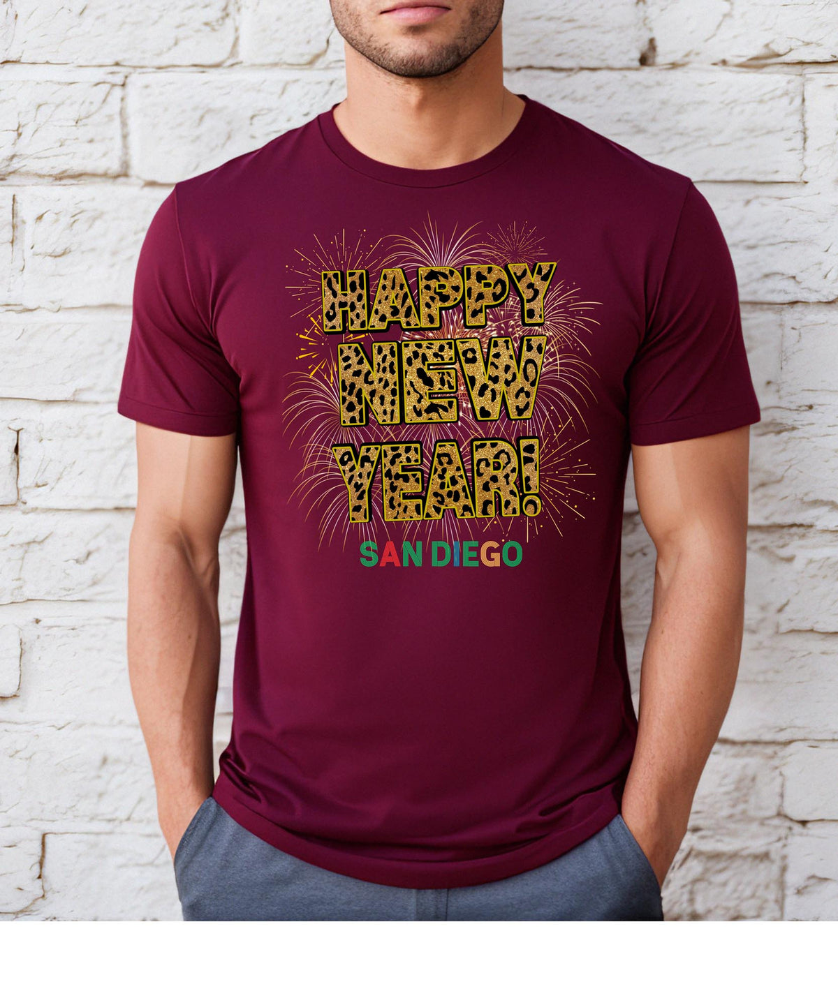 Unisex Happy New Year San Diego T-Shirt – Fireworks, Leopard Print, and Festive Coastal Style