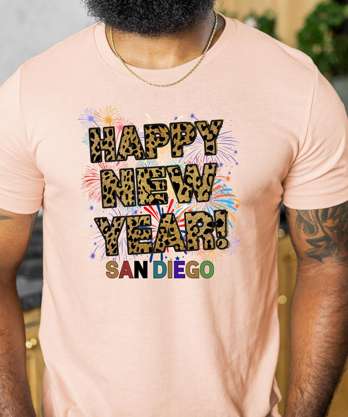 Unisex Happy New Year San Diego T-Shirt – Fireworks, Leopard Print, and Festive Coastal Style