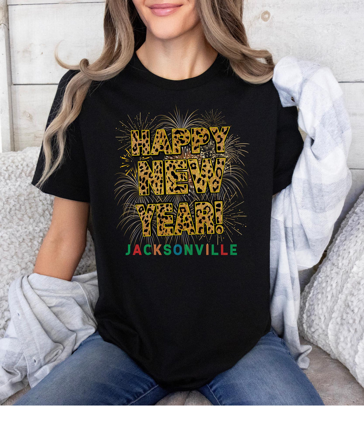 Unisex Happy New Year Jacksonville T-Shirt – Fireworks, Leopard Print, and Festive Coastal Style