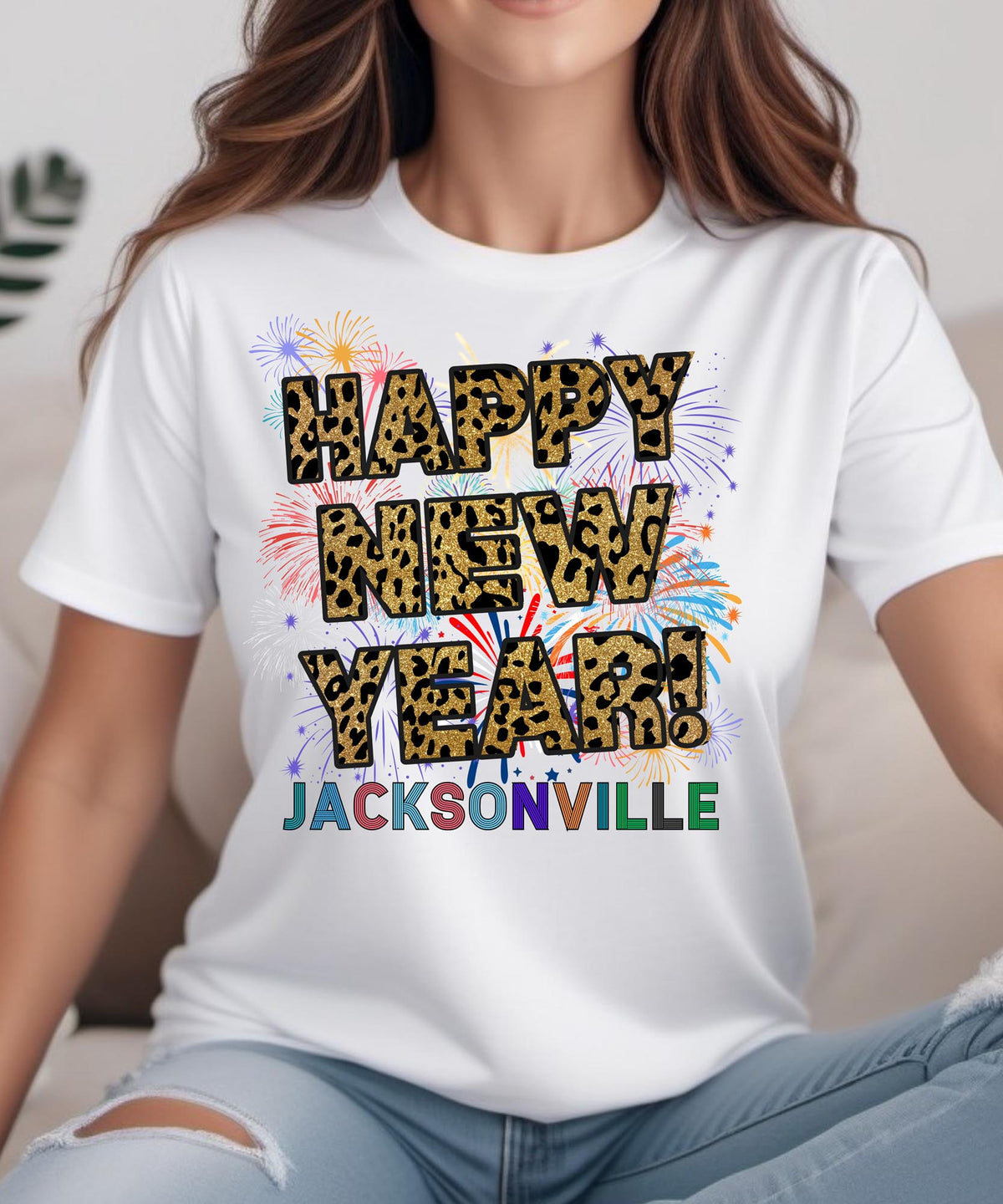 Unisex Happy New Year Jacksonville T-Shirt – Fireworks, Leopard Print, and Festive Coastal Style