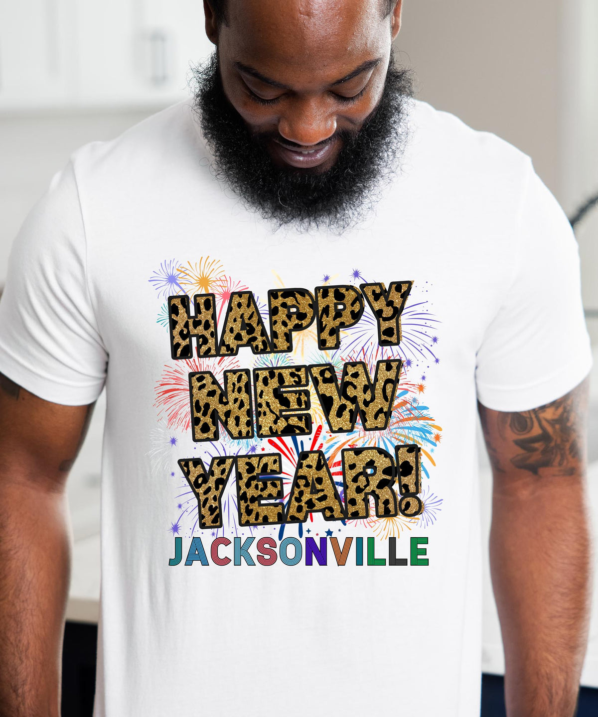 Unisex Happy New Year Jacksonville T-Shirt – Fireworks, Leopard Print, and Festive Coastal Style