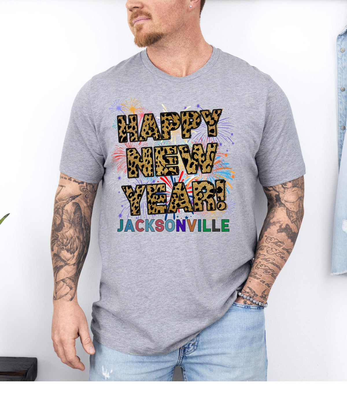 Unisex Happy New Year Jacksonville T-Shirt – Fireworks, Leopard Print, and Festive Coastal Style