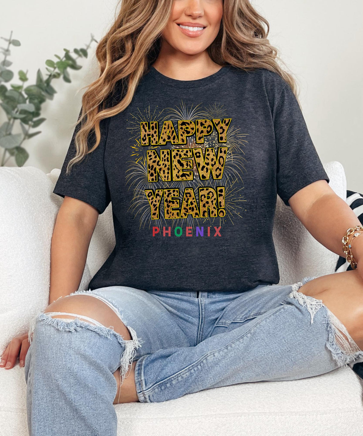 Unisex Happy New Year Phoenix T-Shirt – Fireworks, Leopard Print, and Festive Desert Vibes