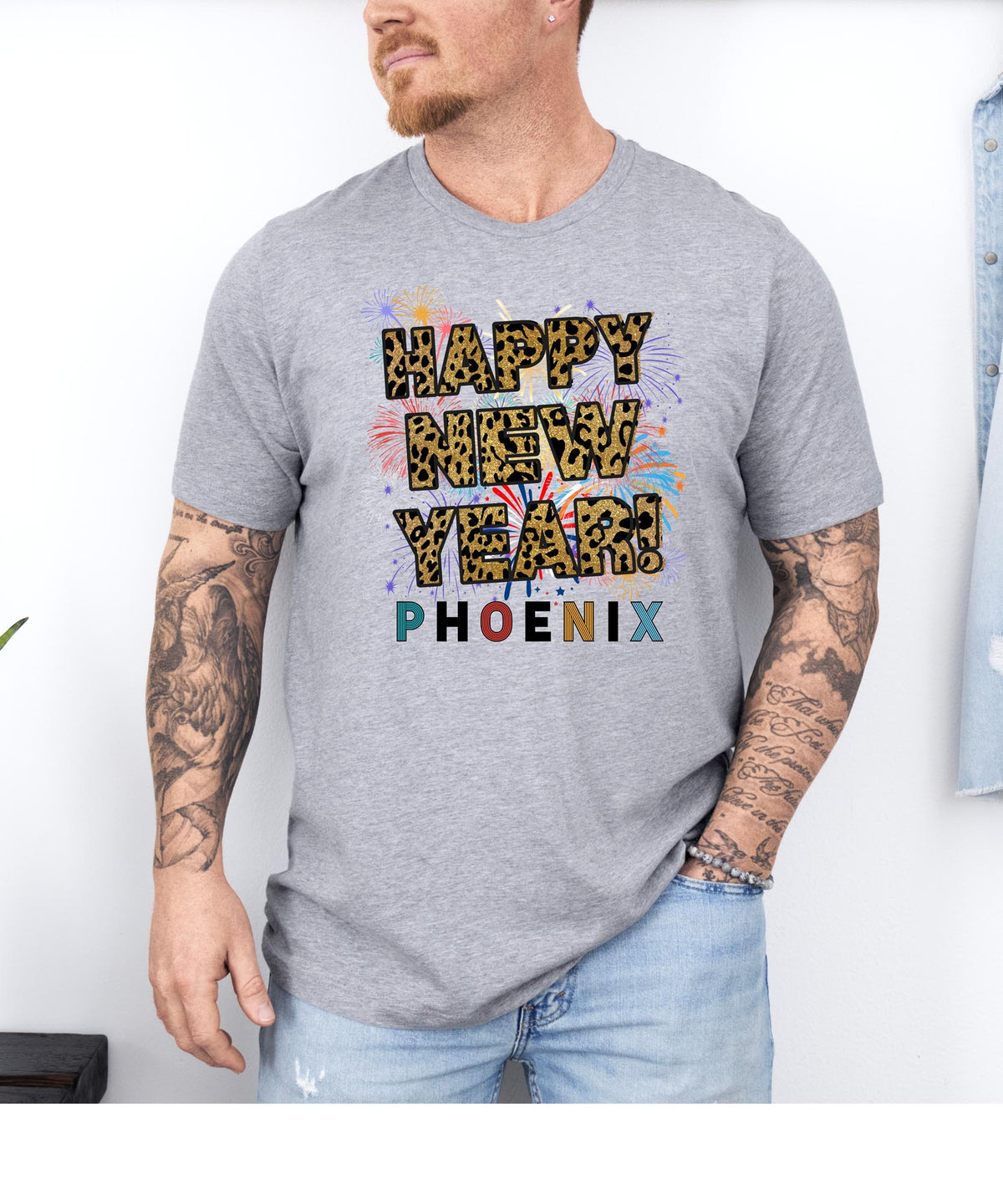 Unisex Happy New Year Phoenix T-Shirt – Fireworks, Leopard Print, and Festive Desert Vibes