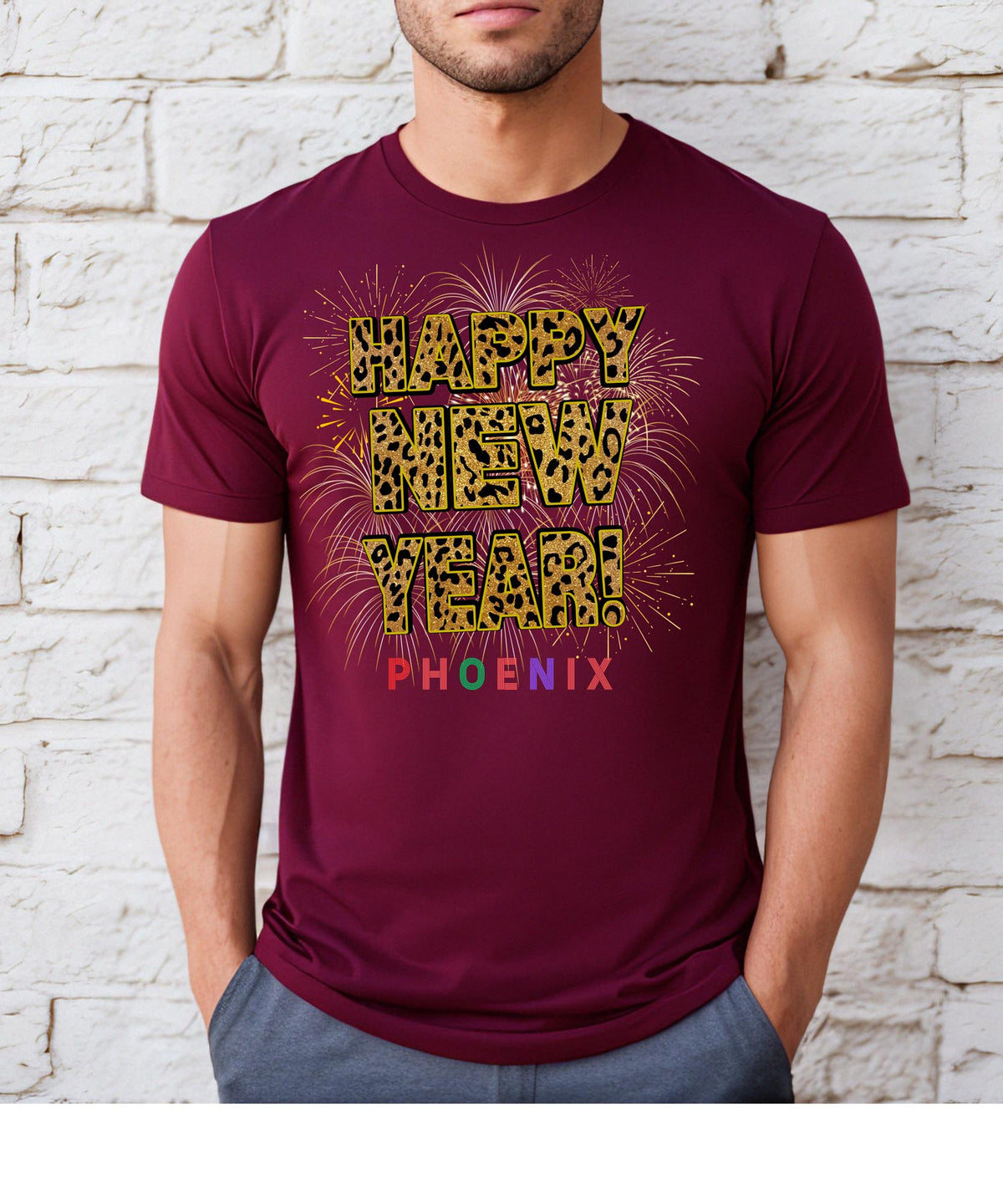 Unisex Happy New Year Phoenix T-Shirt – Fireworks, Leopard Print, and Festive Desert Vibes