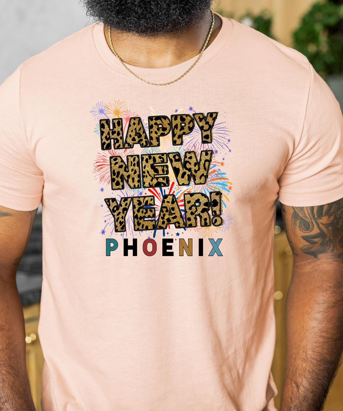 Unisex Happy New Year Phoenix T-Shirt – Fireworks, Leopard Print, and Festive Desert Vibes