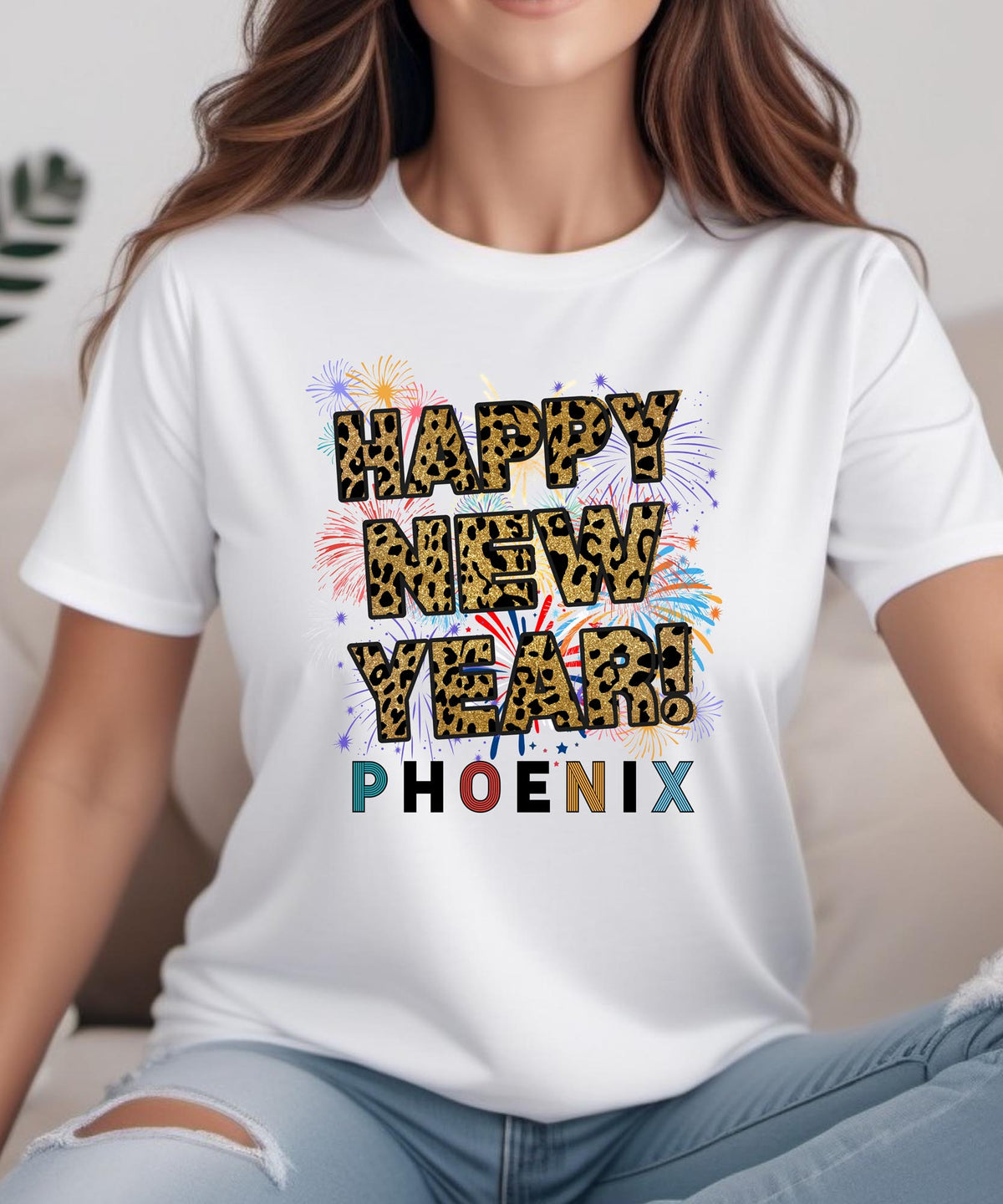 Unisex Happy New Year Phoenix T-Shirt – Fireworks, Leopard Print, and Festive Desert Vibes