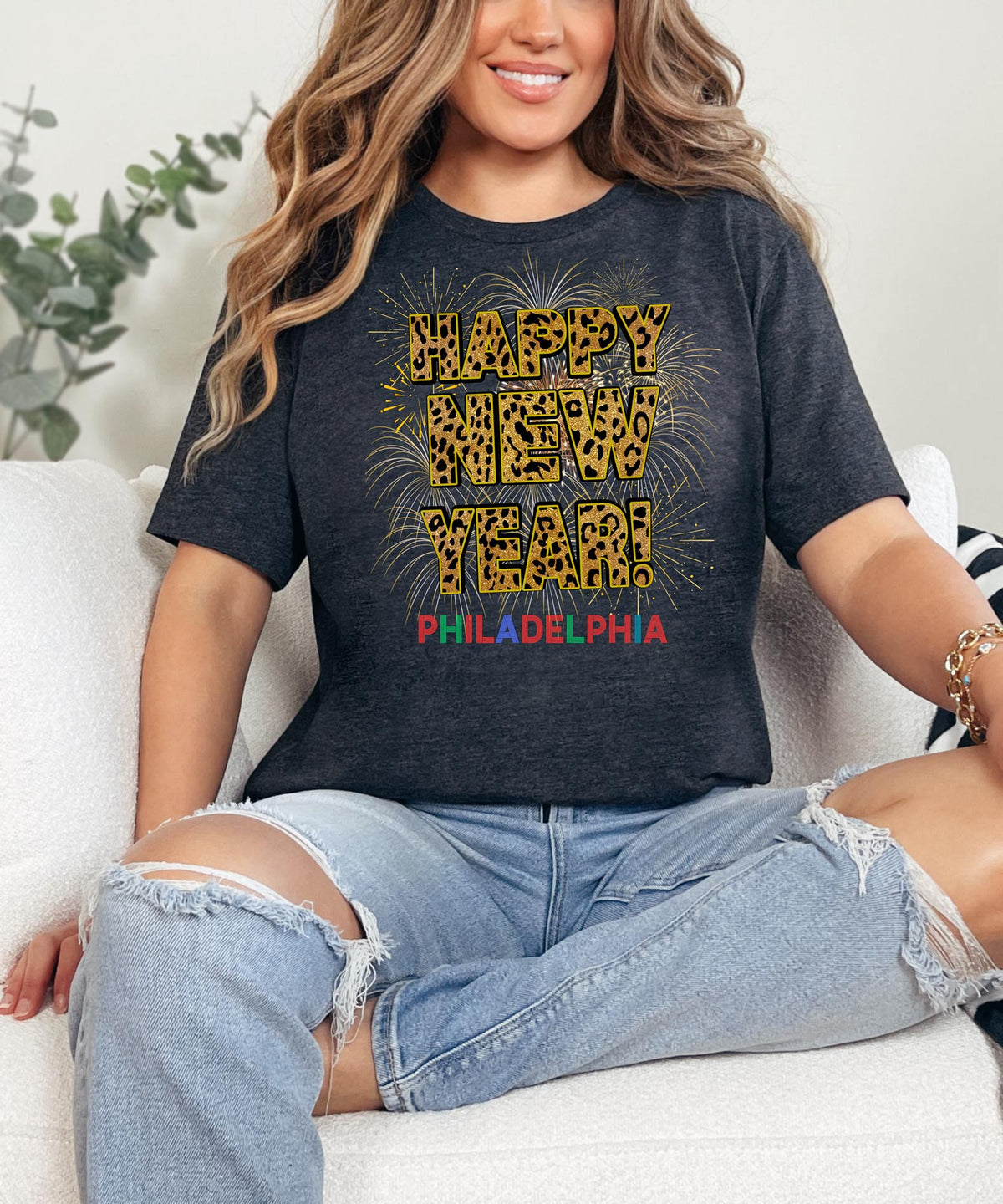 Unisex Happy New Year Philadelphia T-Shirt – Fireworks, Leopard Print, and Festive Philly Style