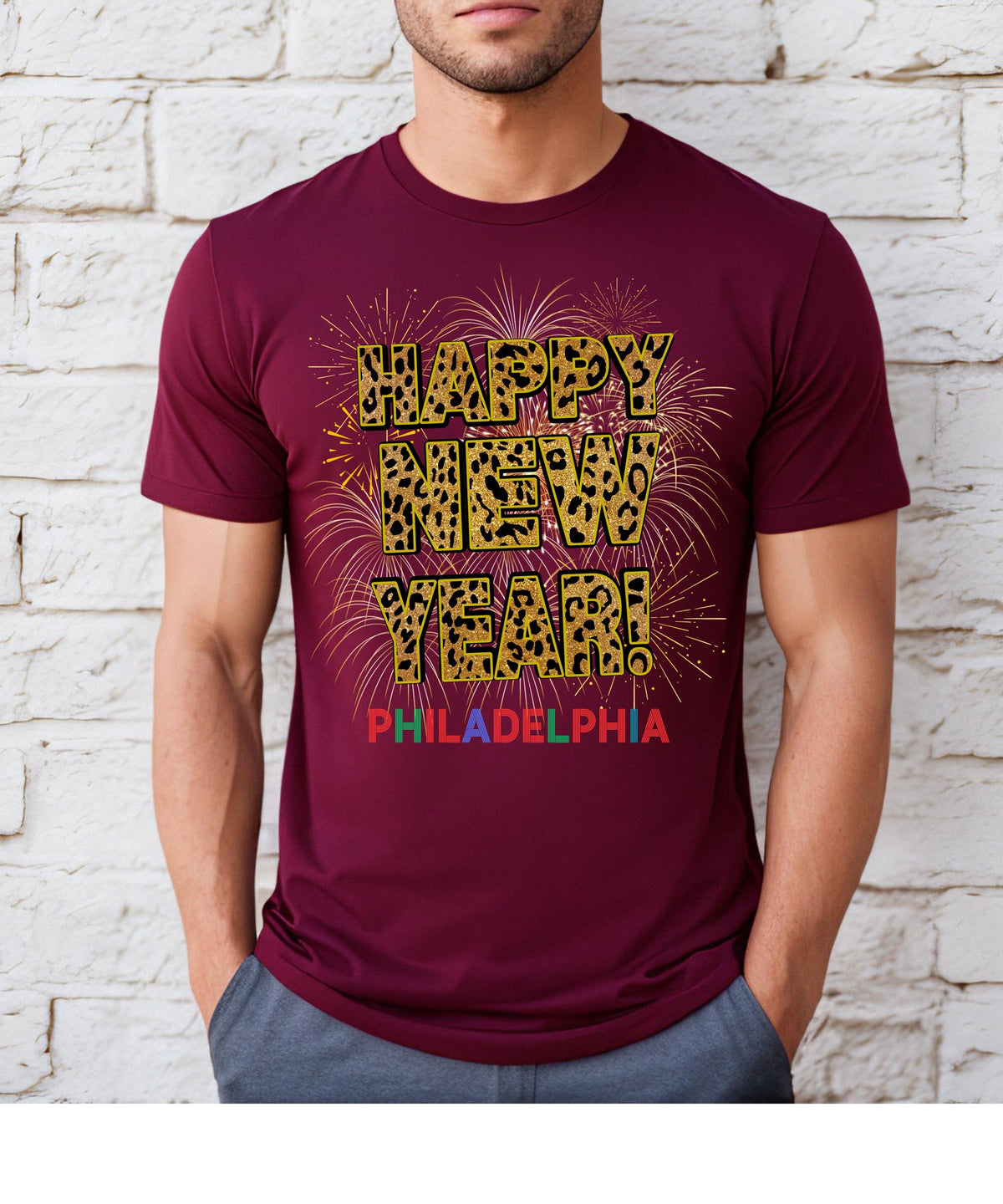 Unisex Happy New Year Philadelphia T-Shirt – Fireworks, Leopard Print, and Festive Philly Style