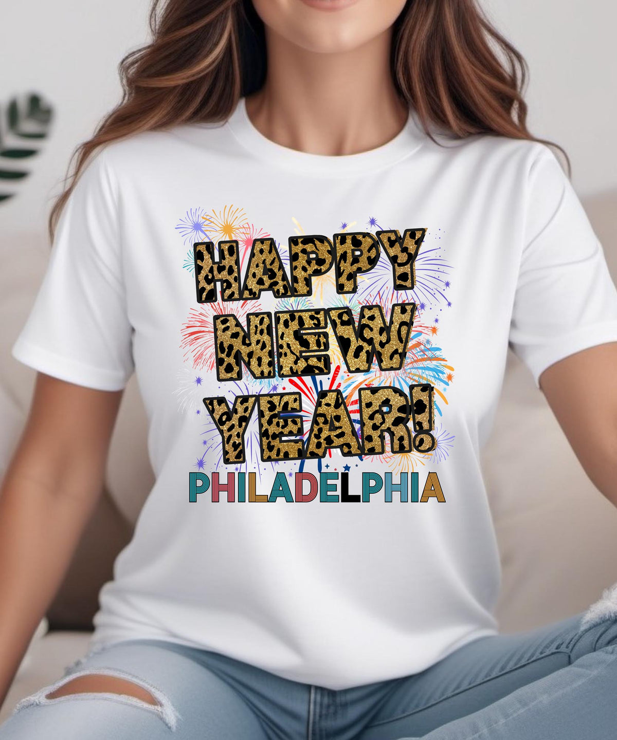 Unisex Happy New Year Philadelphia T-Shirt – Fireworks, Leopard Print, and Festive Philly Style