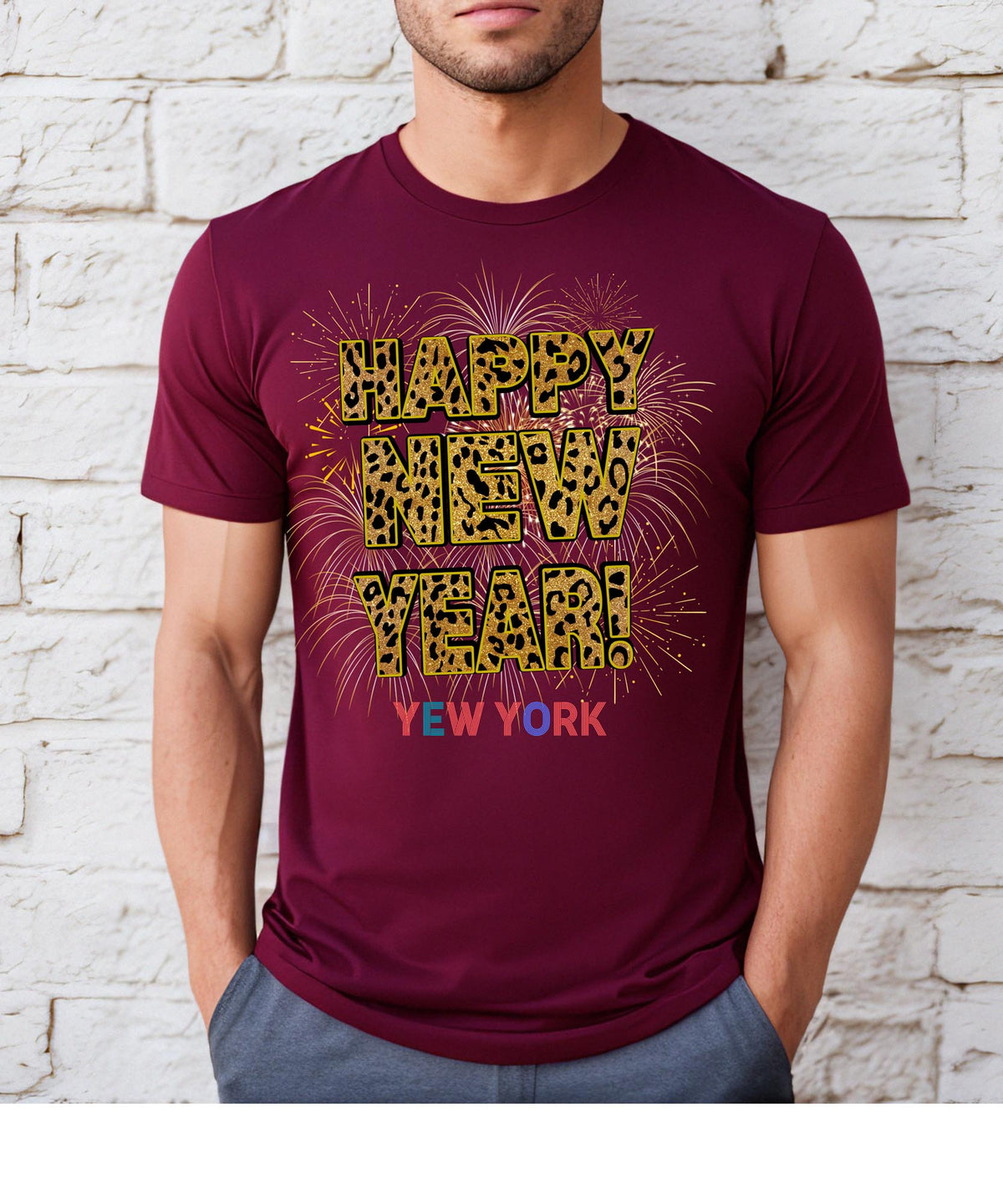 Unisex Happy New Year New York T-Shirt – Fireworks, Leopard Print, and Festive Big Apple Style