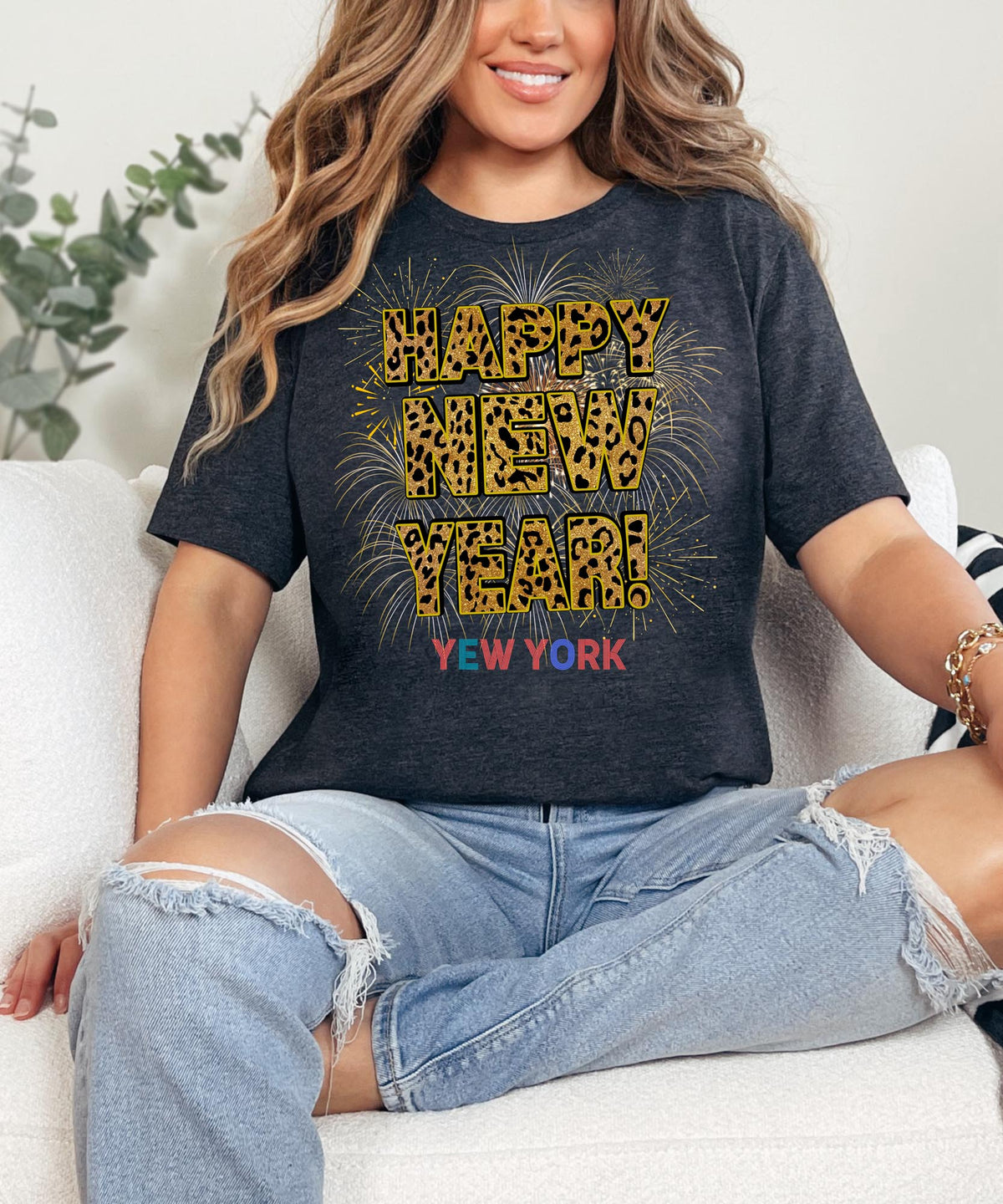 Unisex Happy New Year New York T-Shirt – Fireworks, Leopard Print, and Festive Big Apple Style