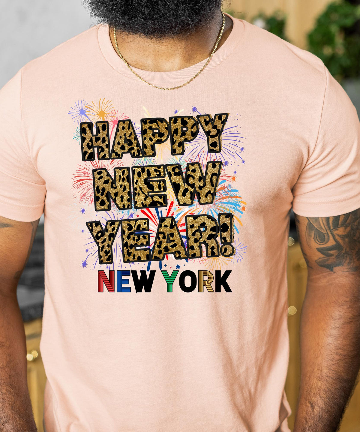 Unisex Happy New Year New York T-Shirt – Fireworks, Leopard Print, and Festive Big Apple Style