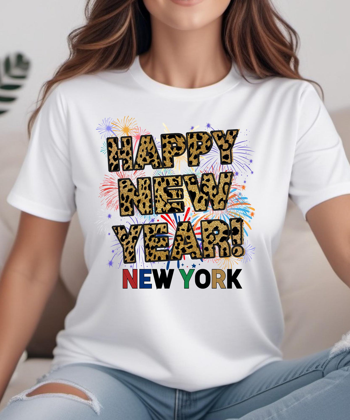 Unisex Happy New Year New York T-Shirt – Fireworks, Leopard Print, and Festive Big Apple Style