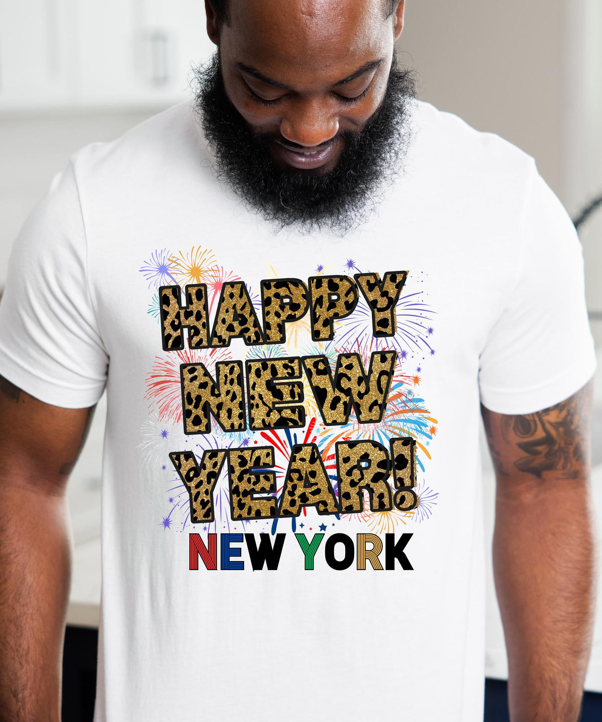 Unisex Happy New Year New York T-Shirt – Fireworks, Leopard Print, and Festive Big Apple Style