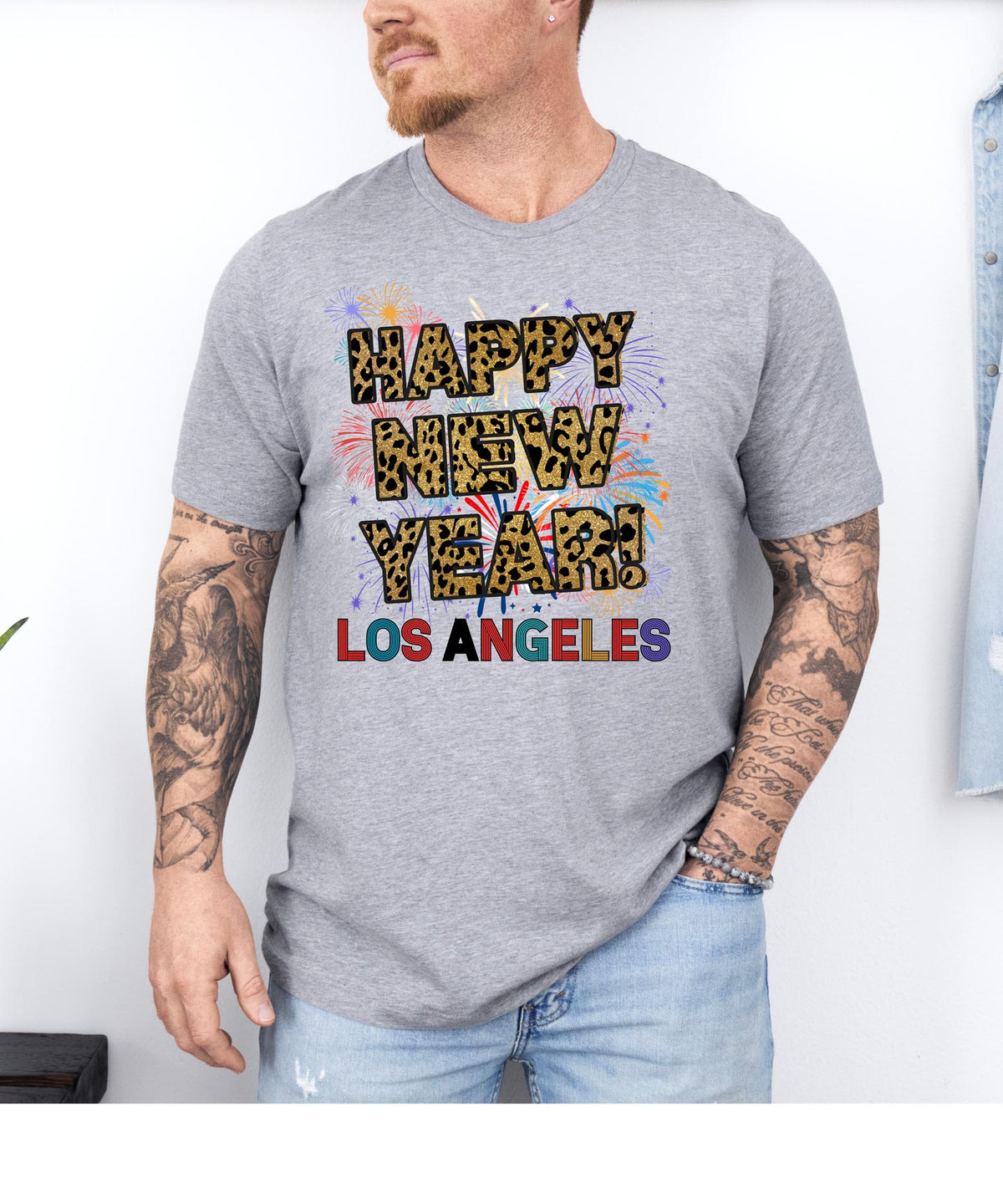 Unisex Happy New Year Los Angeles T-Shirt – Fireworks, Leopard Print, and Festive West Coast