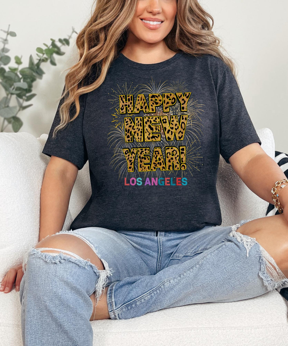 Unisex Happy New Year Los Angeles T-Shirt – Fireworks, Leopard Print, and Festive West Coast