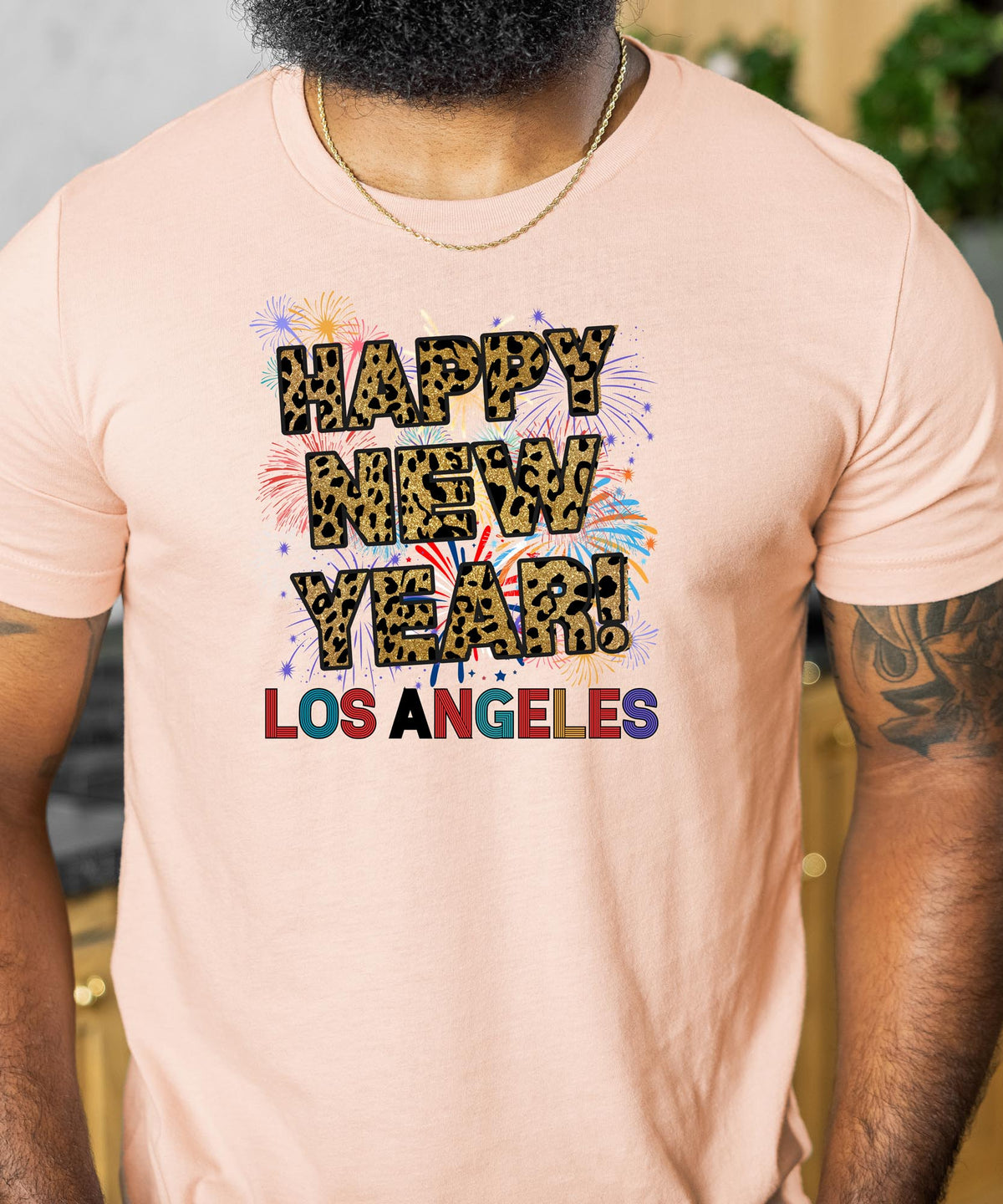 Unisex Happy New Year Los Angeles T-Shirt – Fireworks, Leopard Print, and Festive West Coast