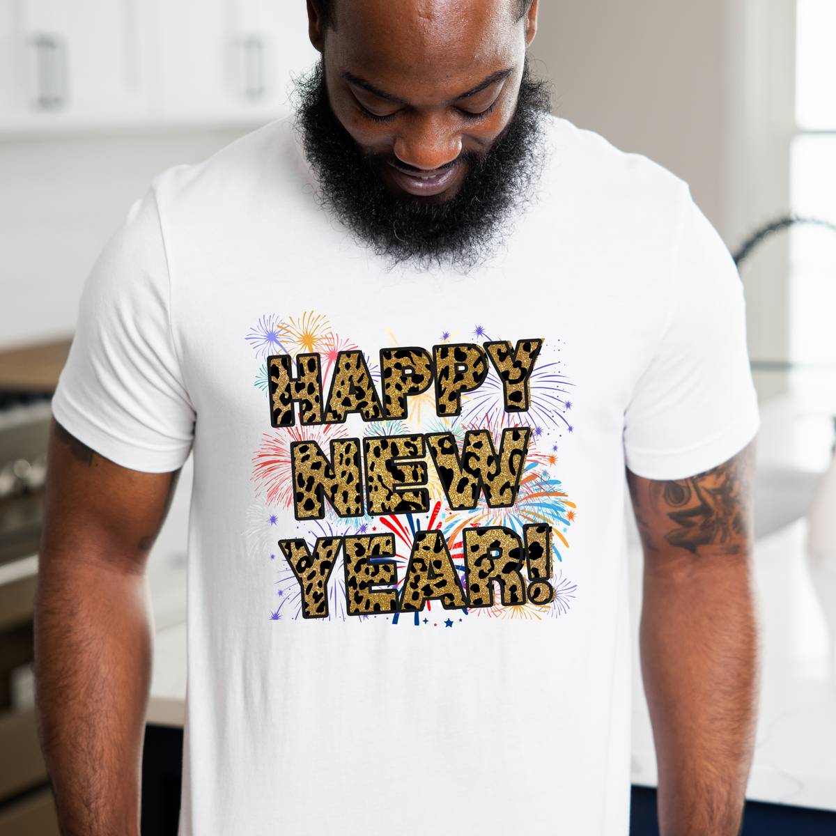 Festive Fireworks &amp; Leopard Print Happy New Year Unisex T-Shirt