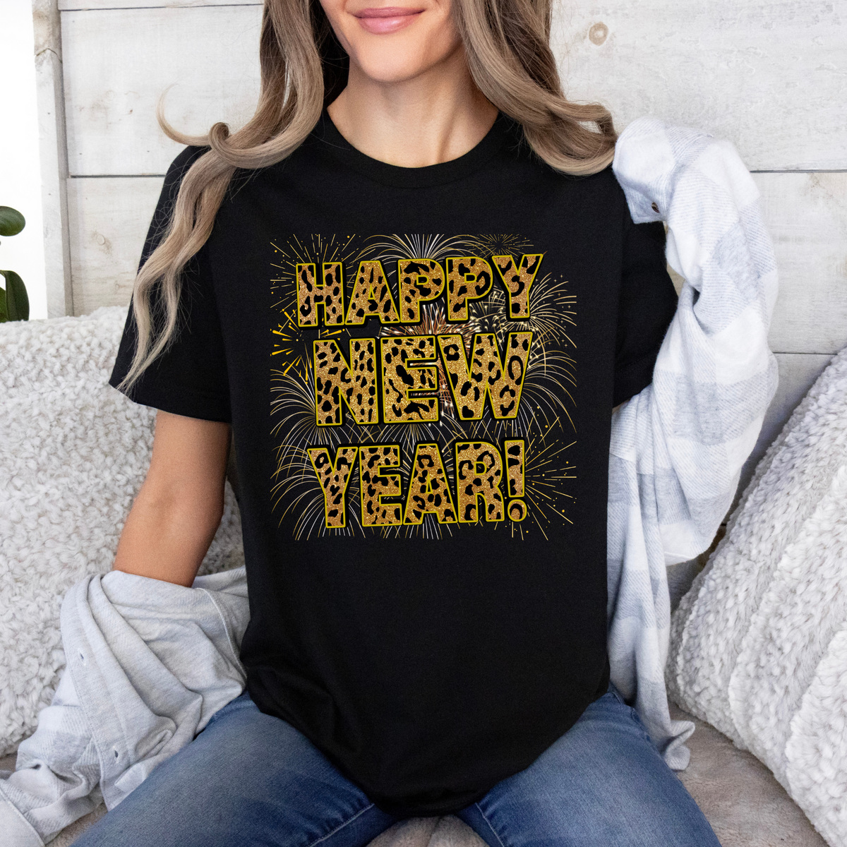 Festive Fireworks &amp; Leopard Print Happy New Year Unisex T-Shirt