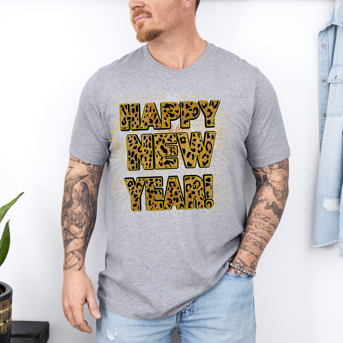 Festive Fireworks &amp; Leopard Print Happy New Year Unisex T-Shirt