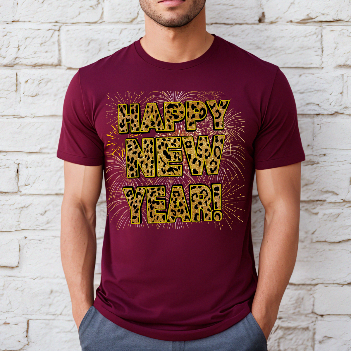 Festive Fireworks &amp; Leopard Print Happy New Year Unisex T-Shirt