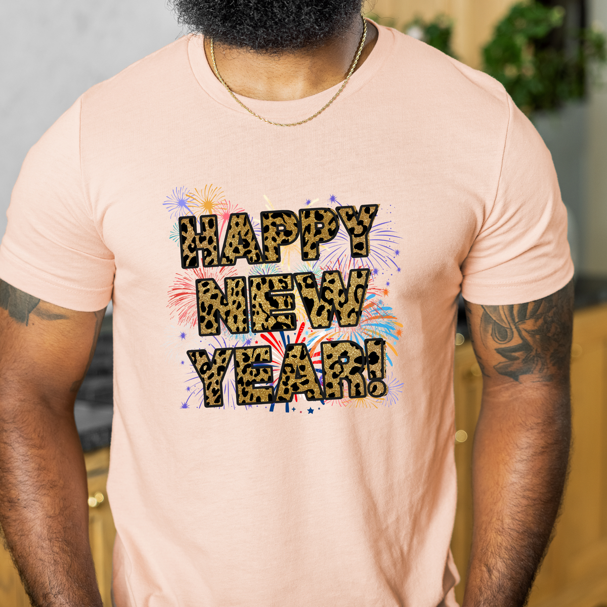 Festive Fireworks &amp; Leopard Print Happy New Year Unisex T-Shirt