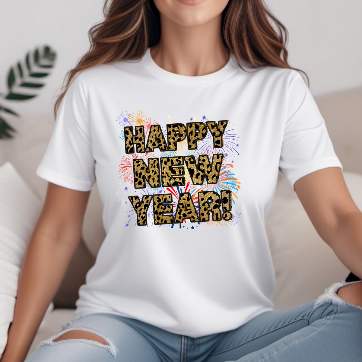 Festive Fireworks &amp; Leopard Print Happy New Year Unisex T-Shirt