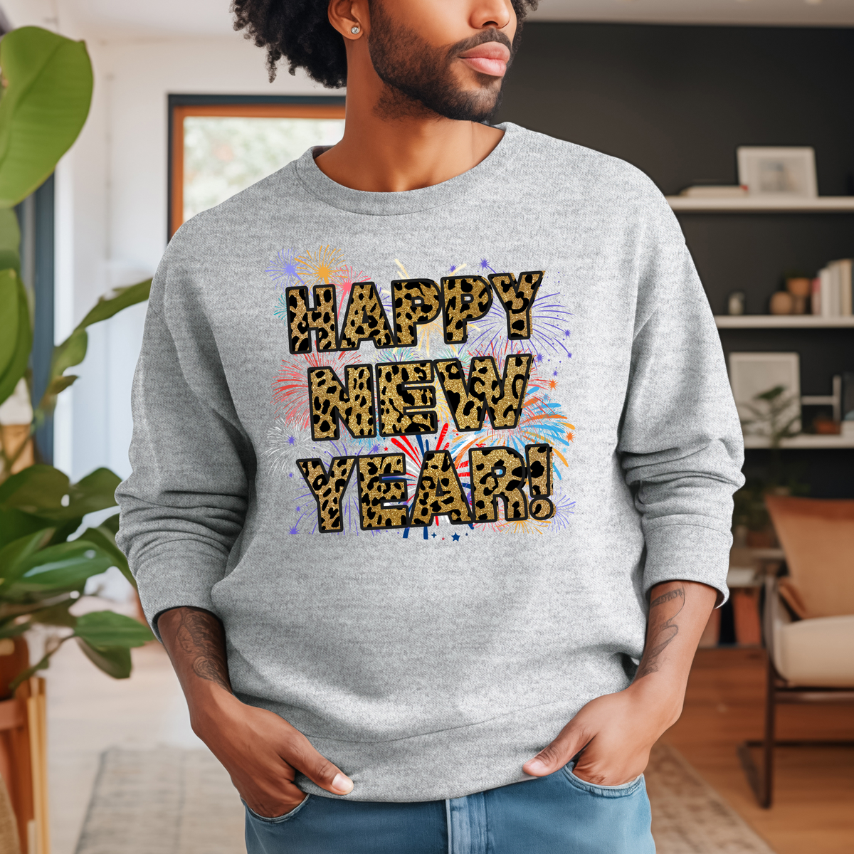 Festive Fireworks &amp; Leopard Print Happy New Year Unisex Sweatshirt