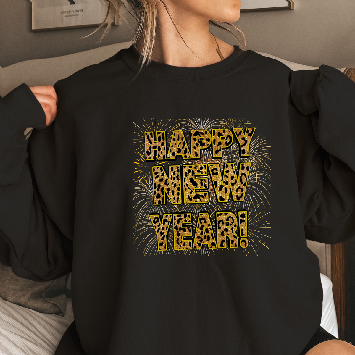 Festive Fireworks &amp; Leopard Print Happy New Year Unisex Sweatshirt