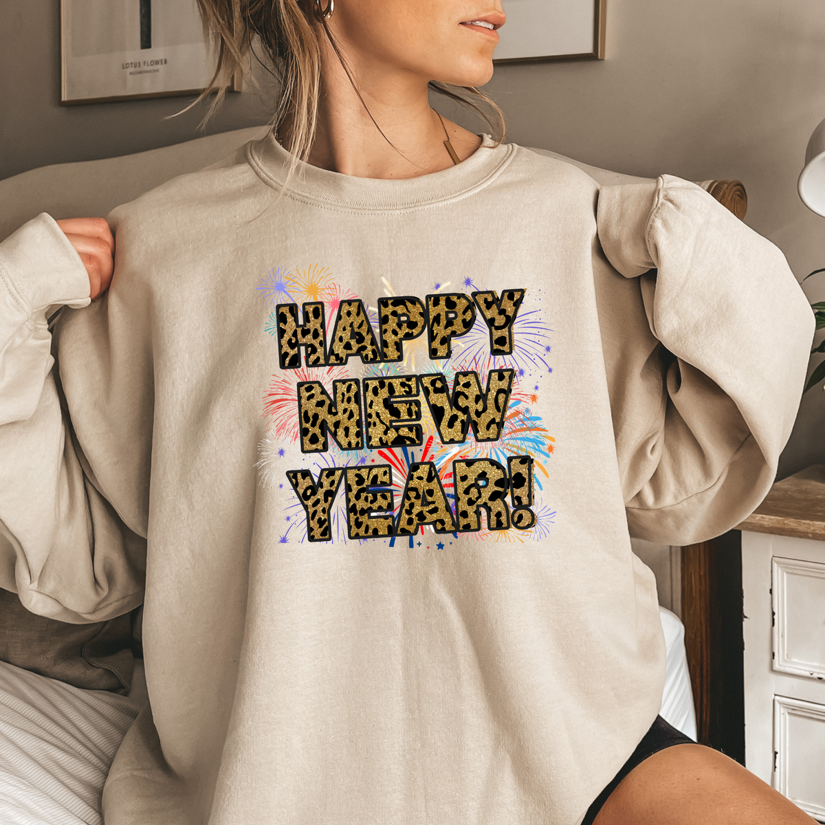 Festive Fireworks &amp; Leopard Print Happy New Year Unisex Sweatshirt